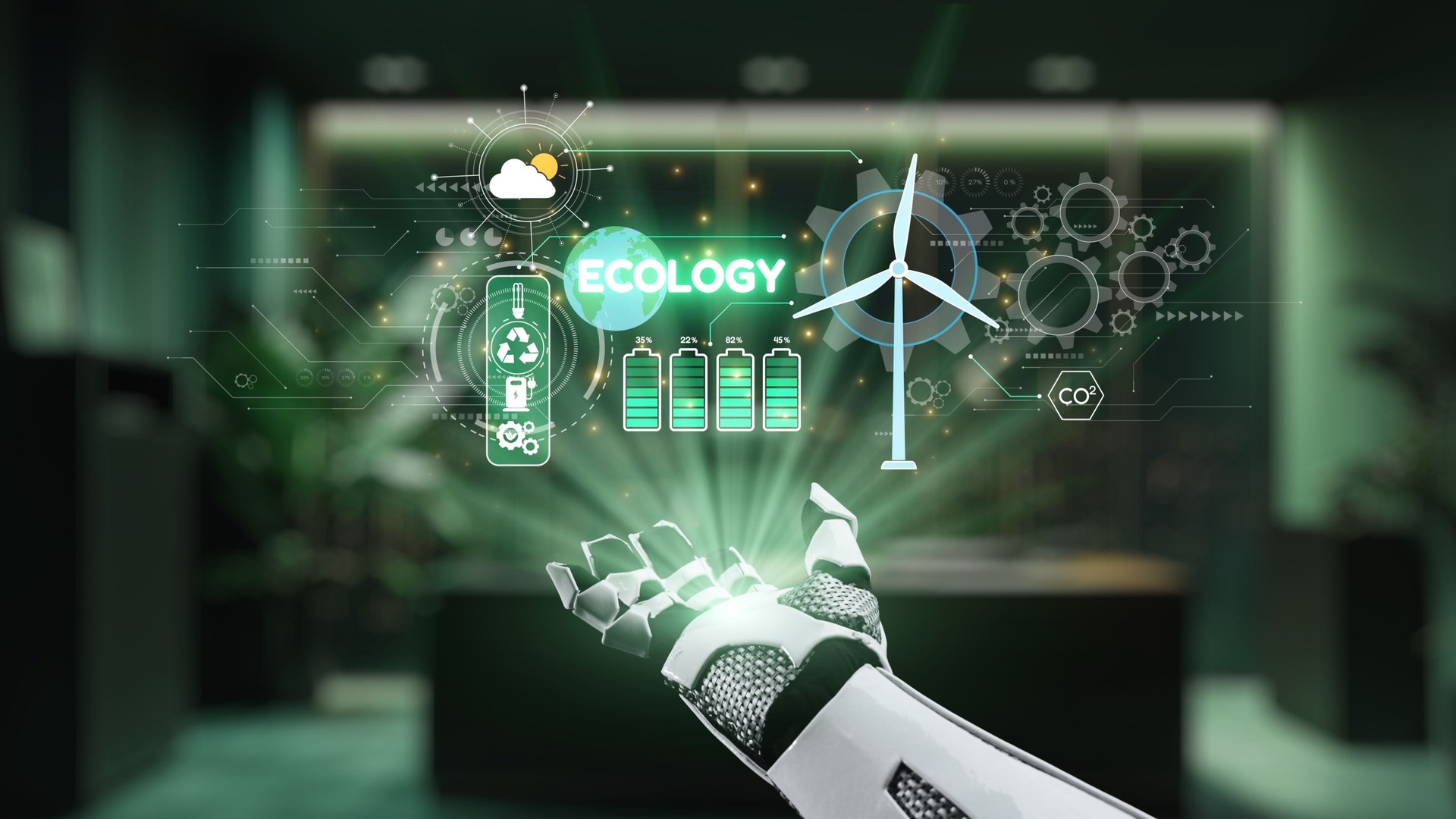 Futuristic Robot Hand Interacting with Eco-Friendly Technology Displays for Sustainable Energy and Environmental Innovation in a Modern Office Setting. Auvana