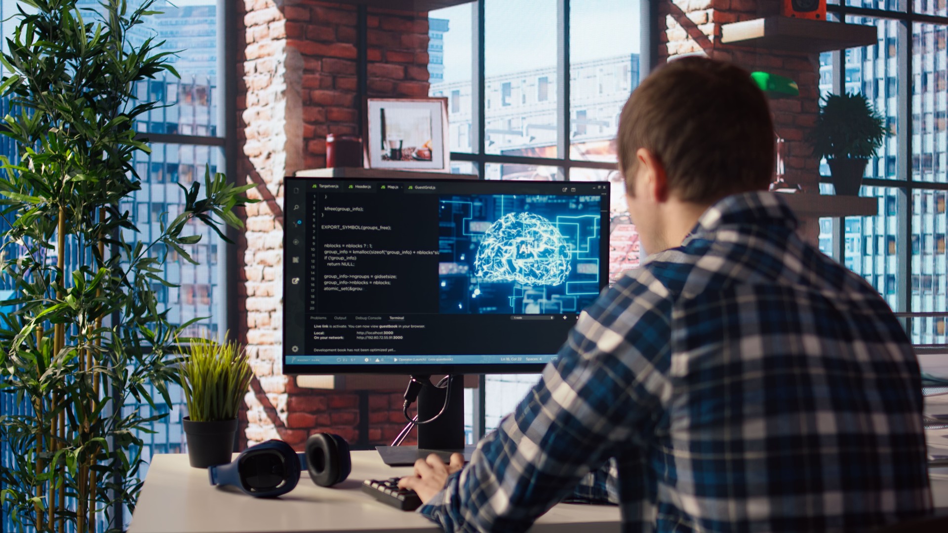 Tech support expert typing on keyboard, doing checkup on AI systems